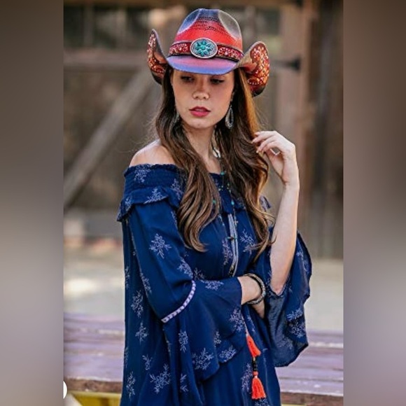 Miss Me Tops - Miss Me Women's Boho‎ Off The Shoulder Mini Dress/Cover Up Tassel Blue Medium